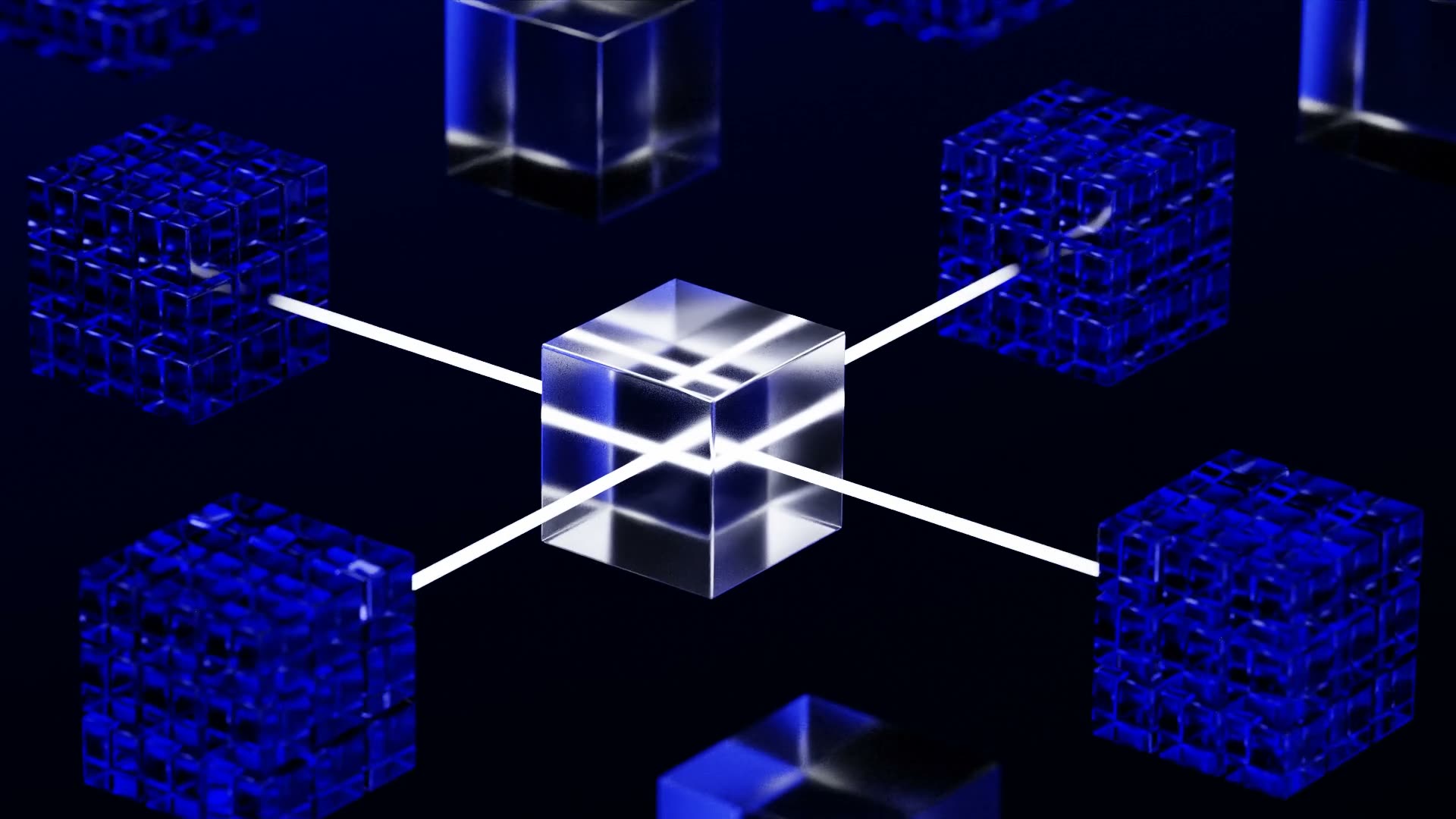 Scattered glass cubes floating softly above a reflective surface