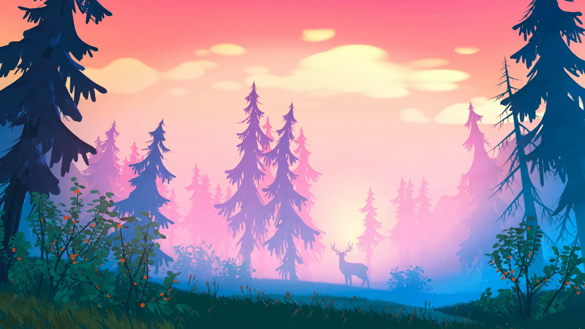 Illustrated forest at dusk, a deer in a clearing under a glowing sky